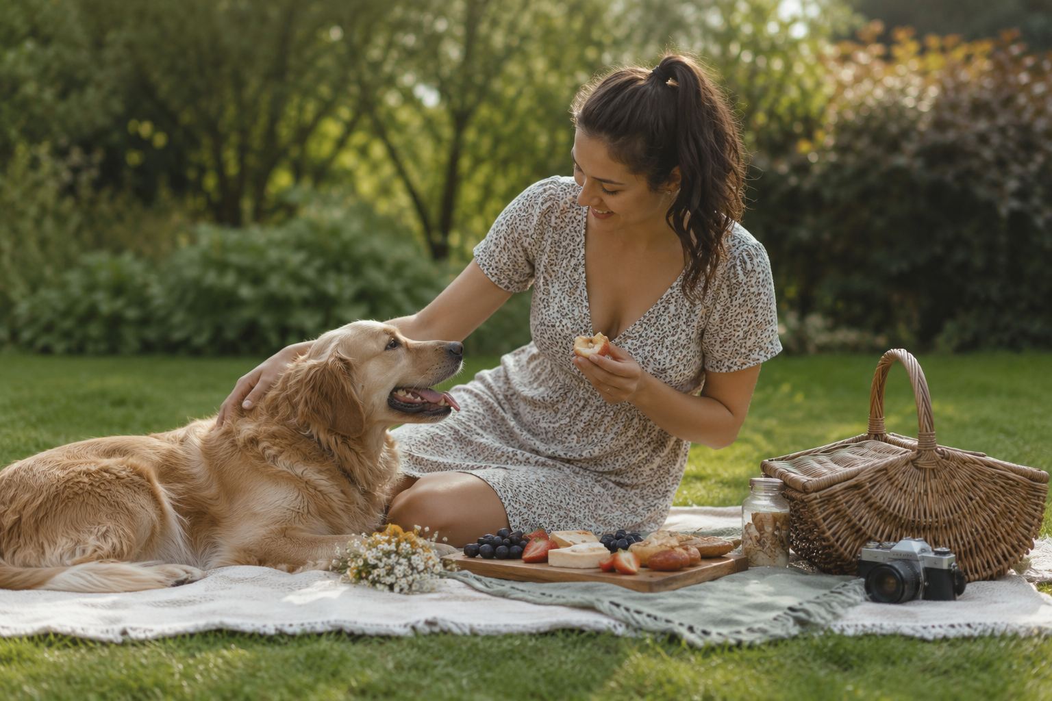 A woman enjoying a picnic with her golden retriever